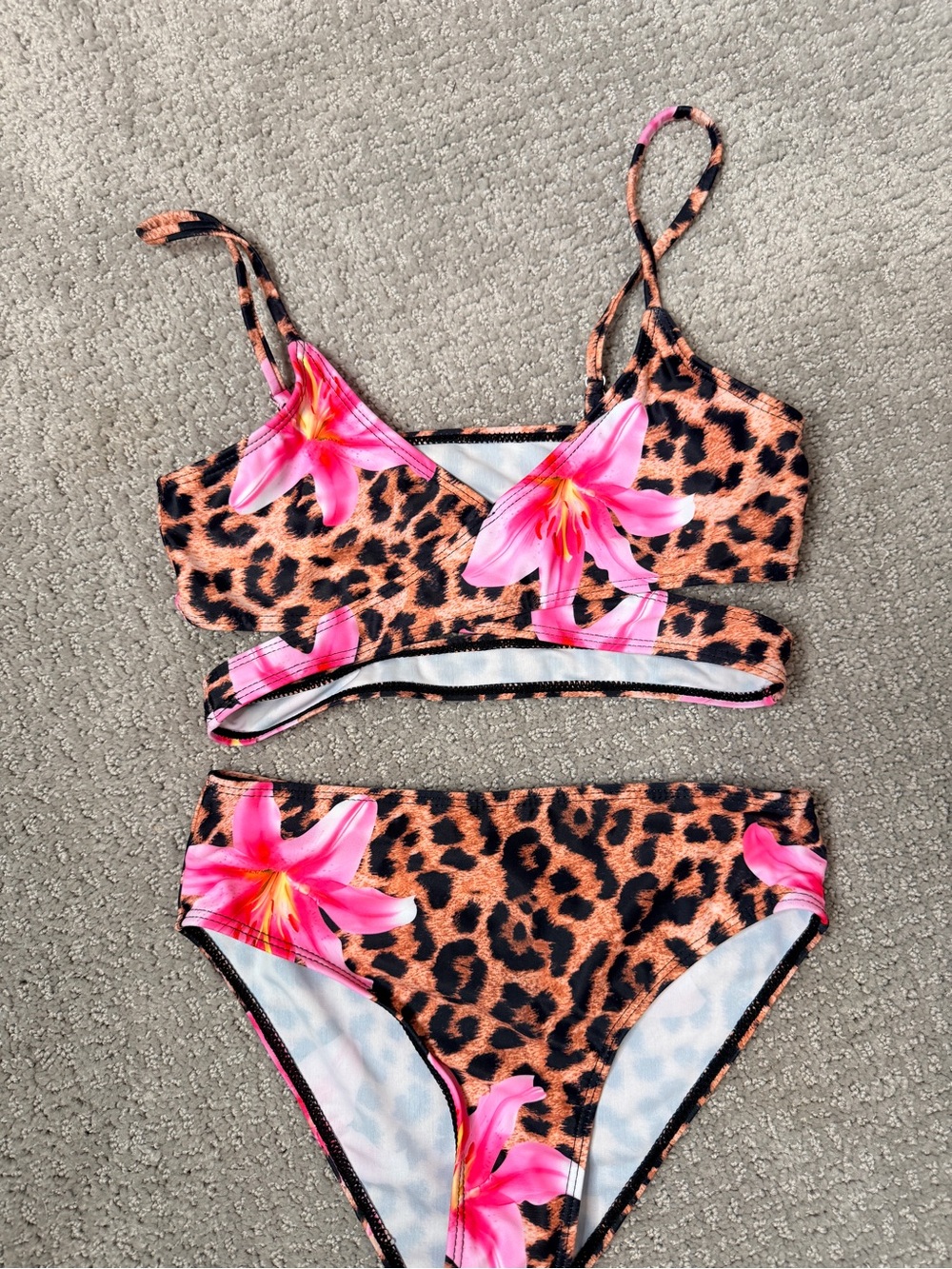 SHEIN Pink Floral Leopard Print Two-Piece Girls Swimsuit